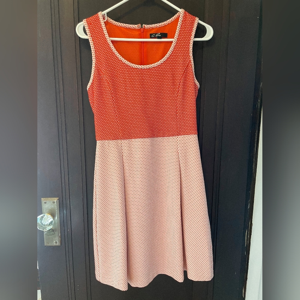 C. Luce Sleeveless Two Tone Orange White Dot Mini Dress - Sz S